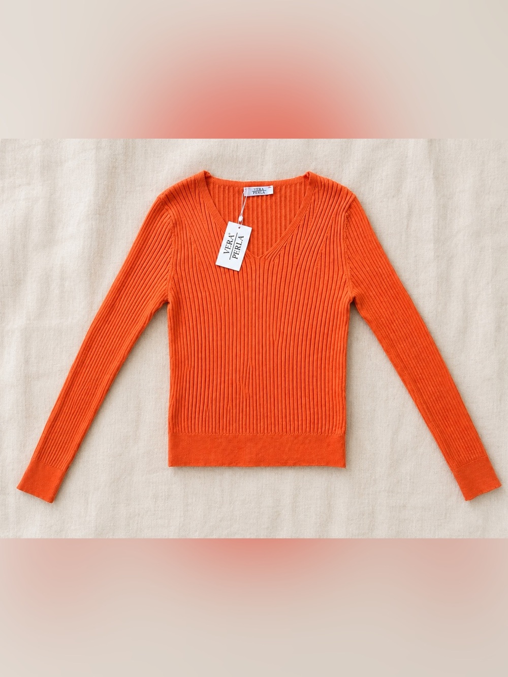NWT Vera Perla Orange Ribbed Knit V Neck Sweater Small - Picture 3 of 5